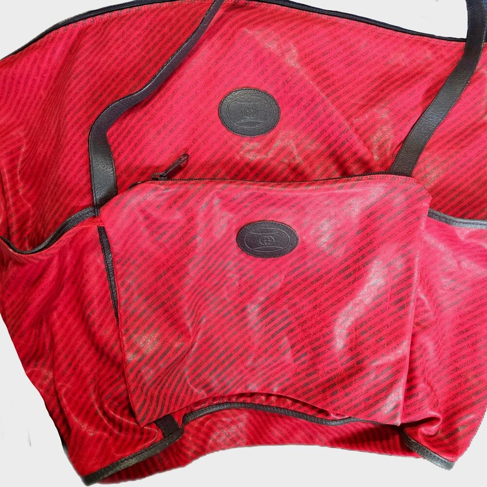Gucci XL Travel Tote Red & Black Stripe Vintage 90s Weekender Bag w/ Pouch, Rare - Picture 12 of 14